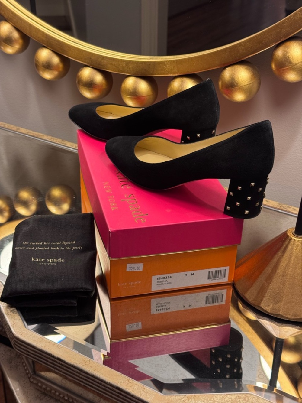 Kate Spade Black Suede Gold Studded Heels Pumps - Size 9 - Picture 2 of 13